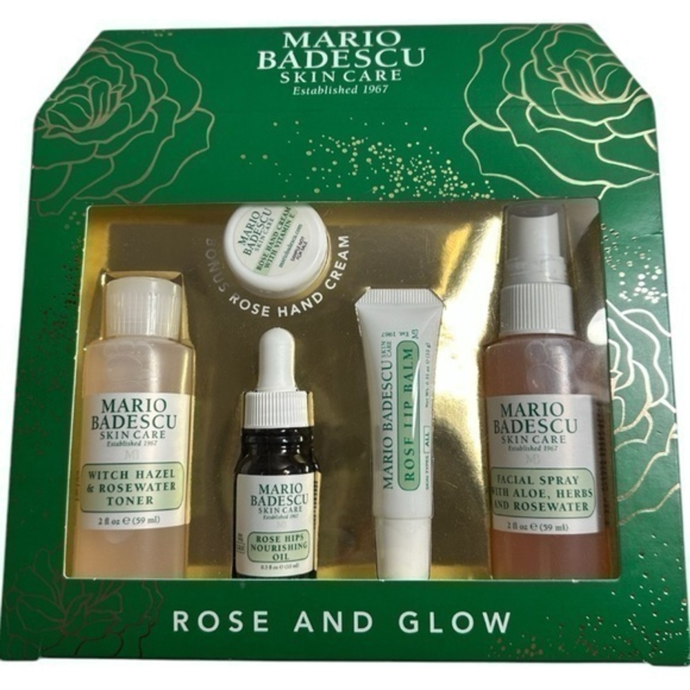 Mario Badescu Skincare 5 Piece Rose & Glow Set Facial Spray Lip Balm Toner Oil